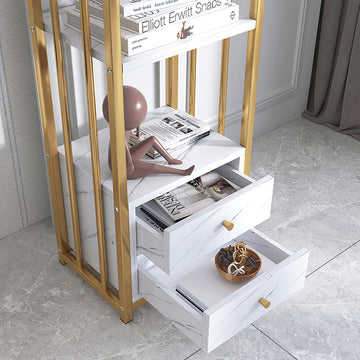 White Display Cabinet Marble Veins Storage Cabinet with Backboard